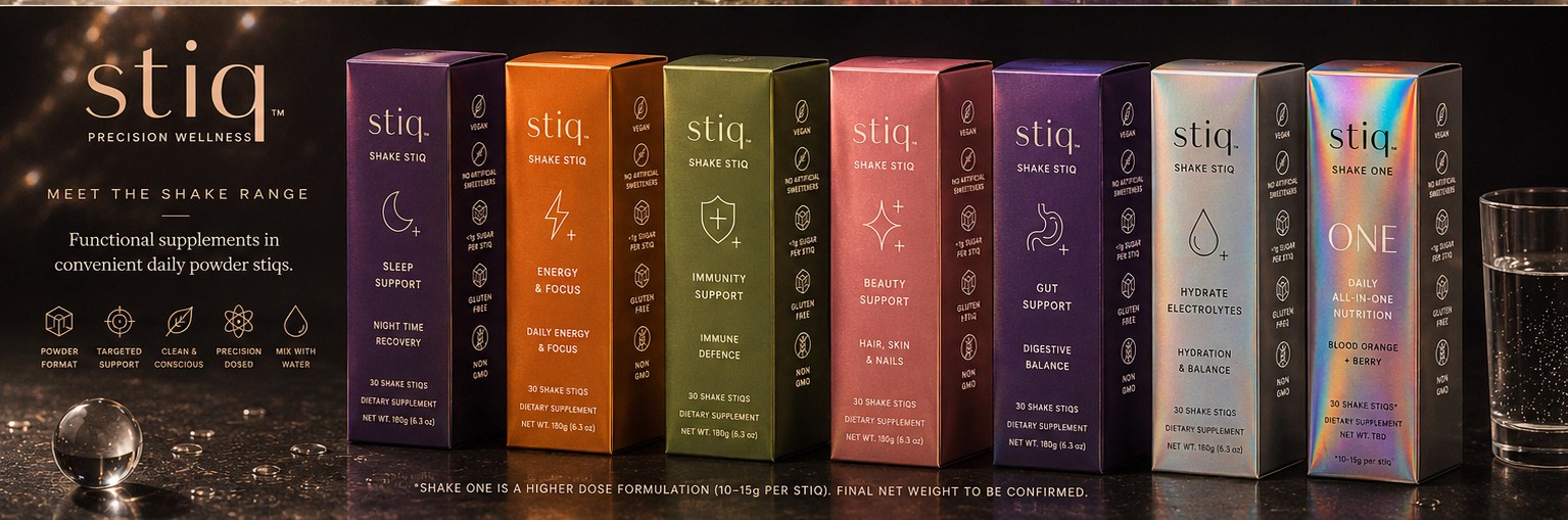 The full Shake Stiq range, sleep, energy, immunity, beauty, gut, hydrate and Shake One