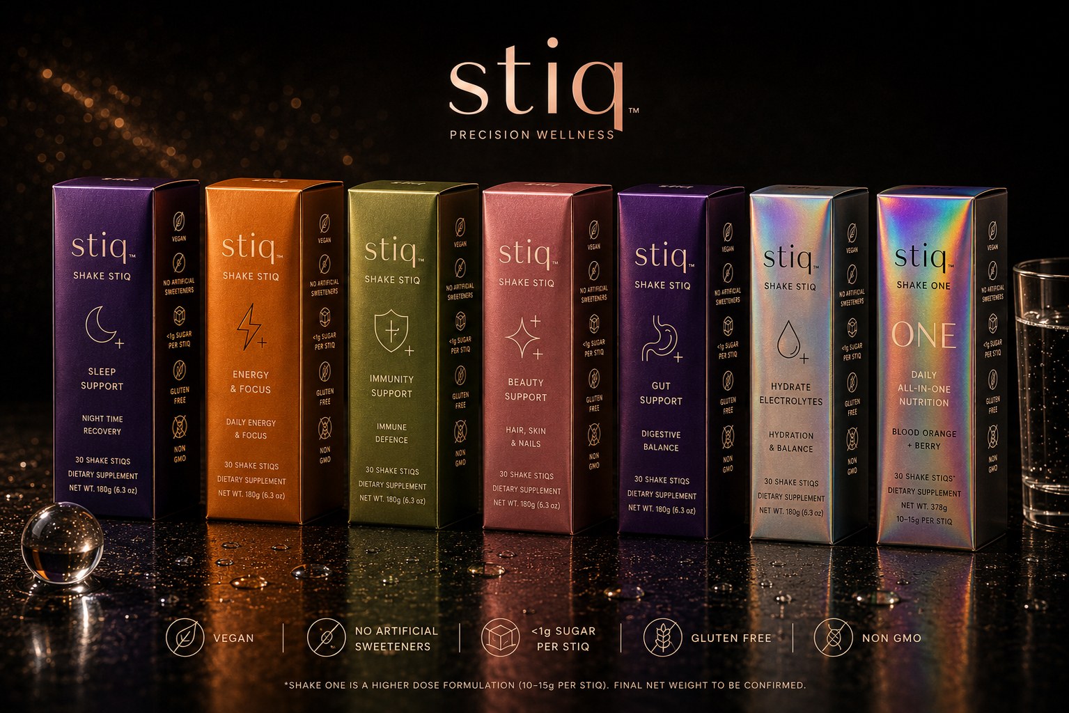 The Shake Stiqs range — sleep, energy, immunity, beauty, gut, hydrate and Shake One
